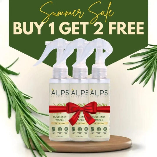 Three bottles of Alps rosemary water with a red bow, surrounded by rosemary leaves, on a white background with 'Summer Sale Buy 1 Get 2 Free 